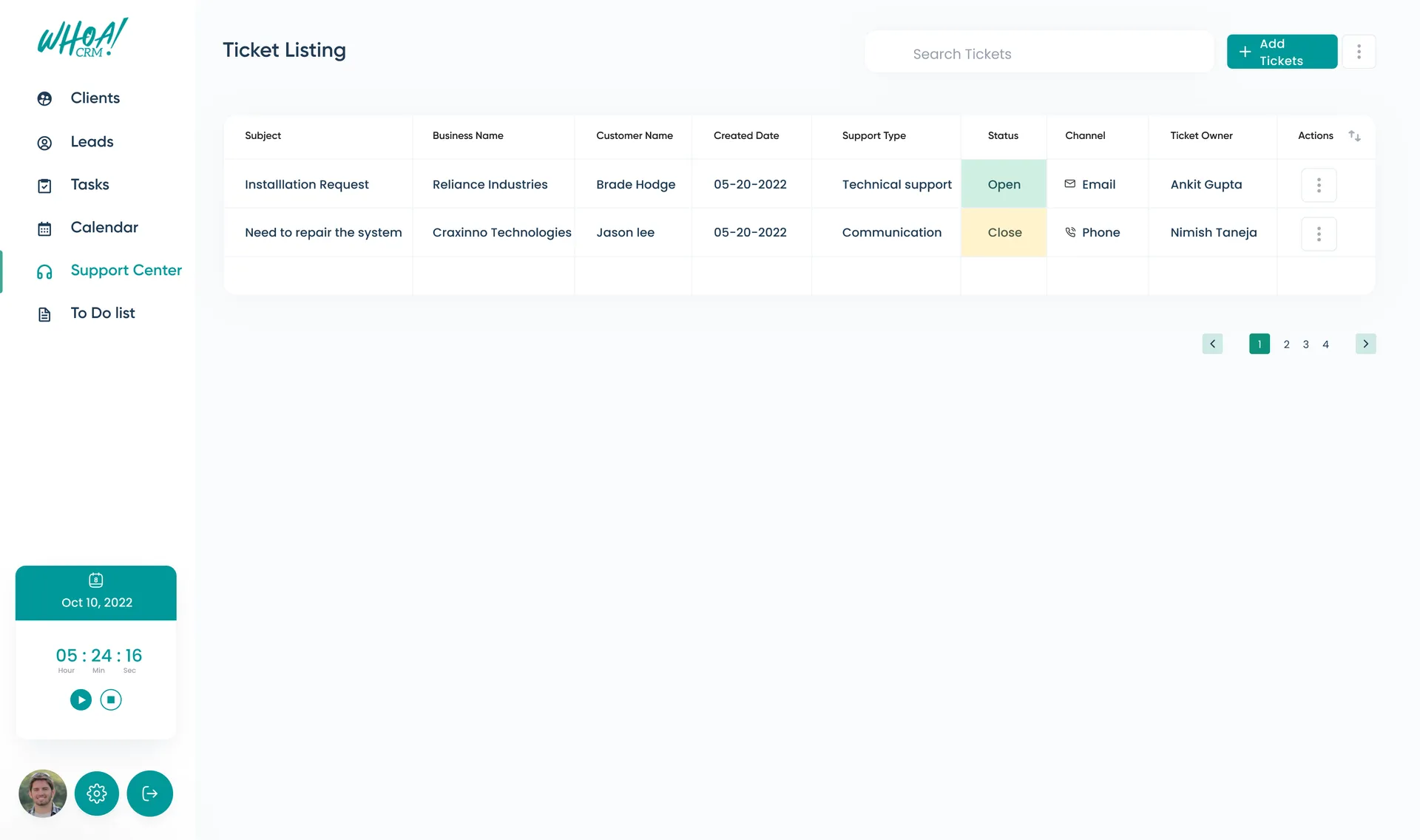 WhoaCRM — Client & Support Management Dashboard — 03